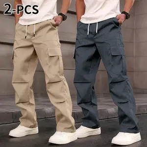 Men’s 2-pack street-style loose cargo pants, multiple pockets, elastic waistband with drawstring, lightweight breathable work hiking casual pants, khaki/dark gray