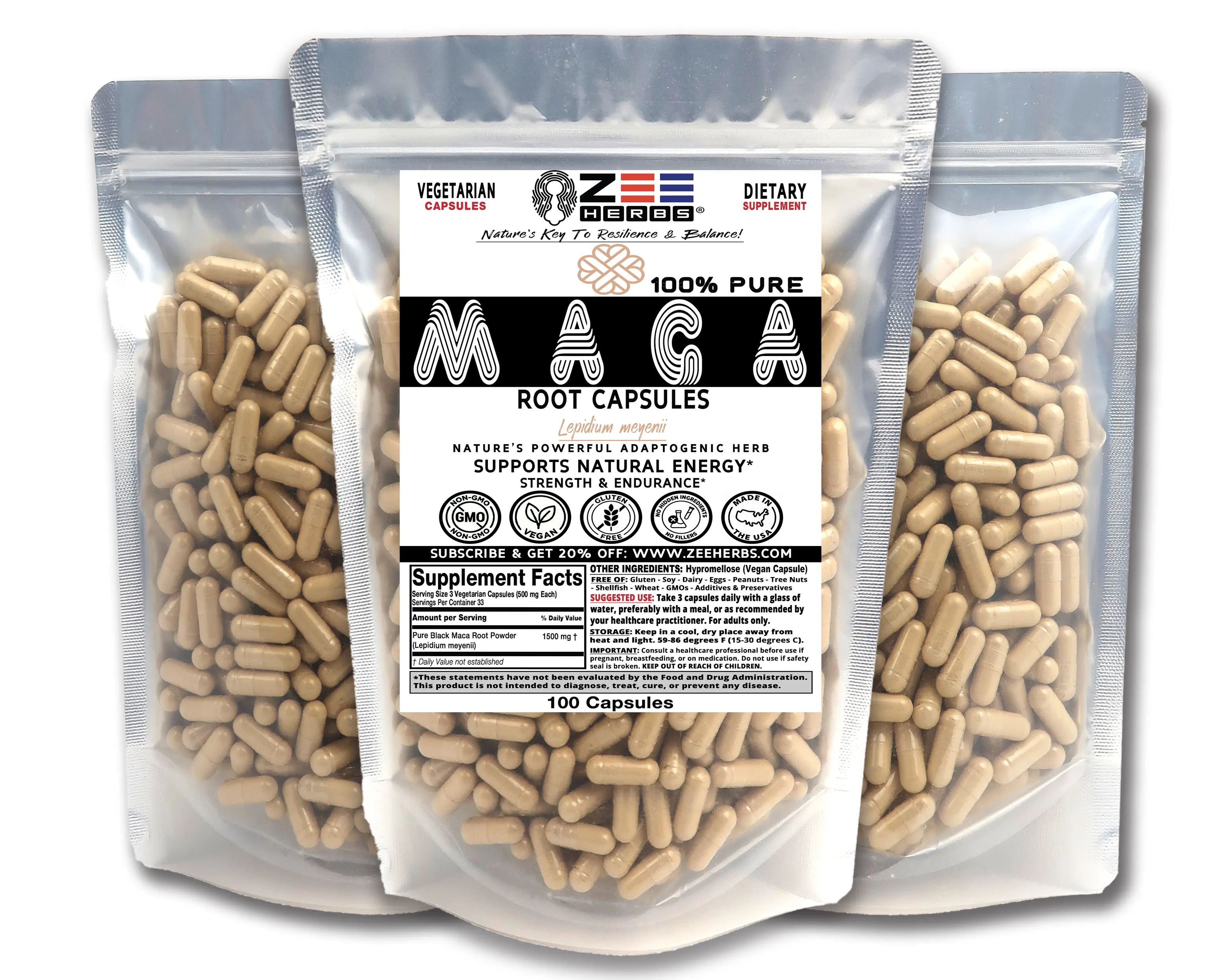 Pure Black Maca Root Capsules 1500mg, All Natural, Peruvian Andean, Energy and Hormone Balance