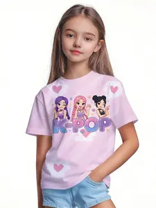 Girls' K-Pop Series Cloud Pattern Short Sleeves Casual Tops, Comfortable Soft Fabric, Perfect Gift for K-Pop Fans, Daily Wear
