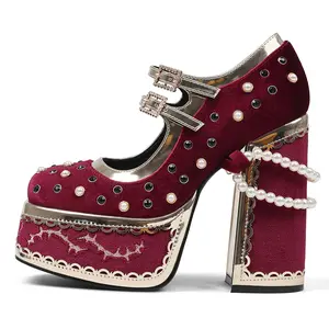 Red Velvet Lolita Platform Heels for Women Gothic Chunky Heel Mary Jane Shoes with Pearls and Rhinestones Princess Cosplay Pumps for Party Wedding summerwins