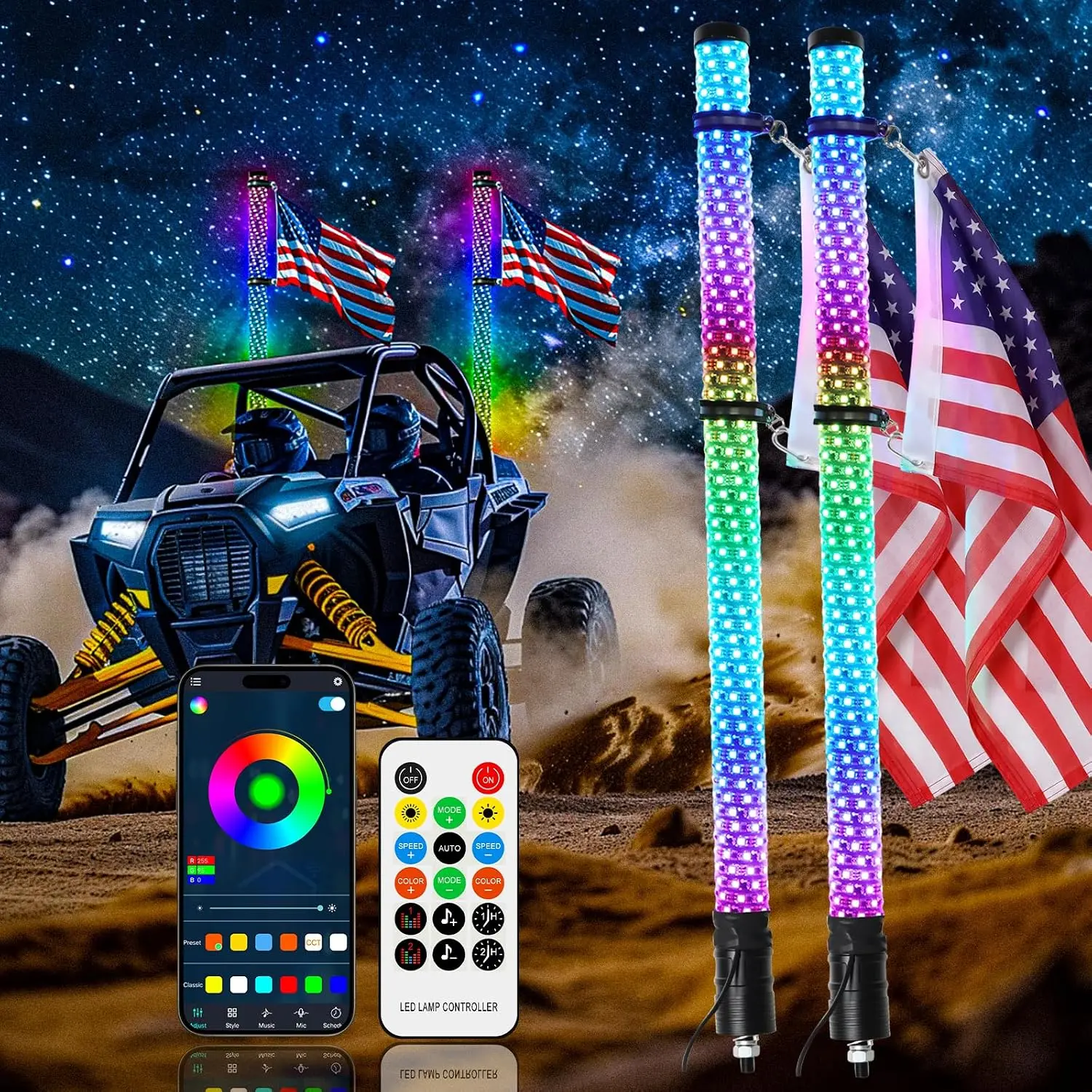 DREAMIZER 2PCS 3FT RGB Whip Lights for UTV ATV Brighter Spiral Chasing Lighted Antenna Whip for Side by Side with APP and Remote Control for Jeep Off-Road RZR Polaris Truck Car 4X4 Sand Buggy Dune
