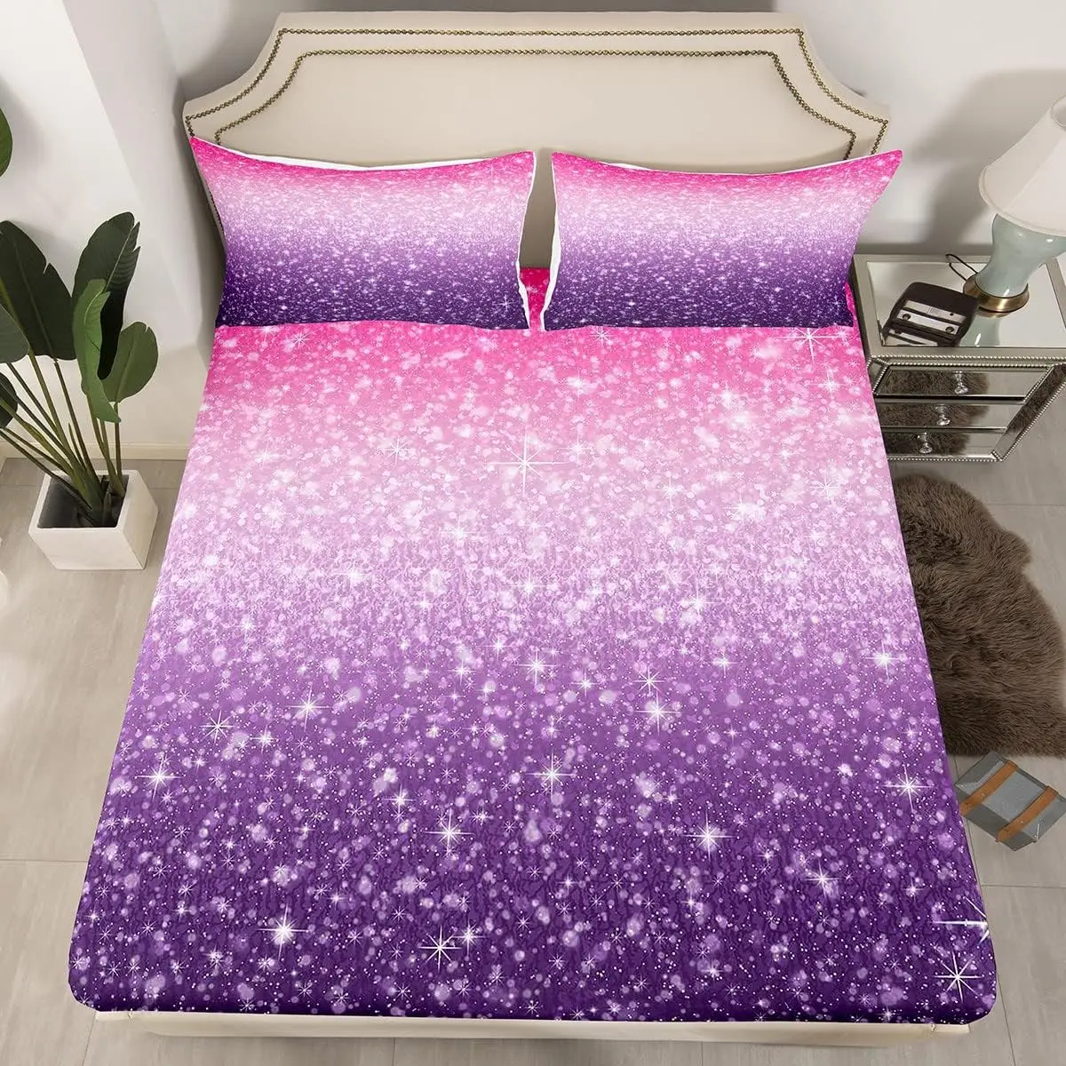 Feelyou Luxury Polyester Microfibre Bedding Sheets Set - Full Size, 5D Fantasy Bright Pink-Purple Fairy Gradient Print, Deep Pockets Breathable Fitted Sheet, Elastic All Around, Machine Washable, Ideal for Kids' Beds