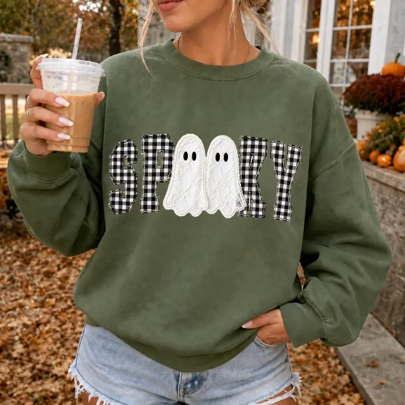 [PRINT] Spooky Ghost Sweatshirt, Gingham Halloween Graphic Crewneck, Vintage Lace Ghost Pullover, Cute Fall Spooky Season Top, Halloween Gift