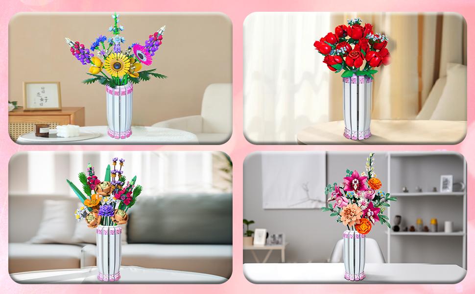 TENHORSES Pink Vase for Lego Flower Bouquet Building Decoration Set and Artificial Flowers, Ideal for Valentine's Day Gifts for Girls Box Decorative Colorful Fruit Plants Ornaments