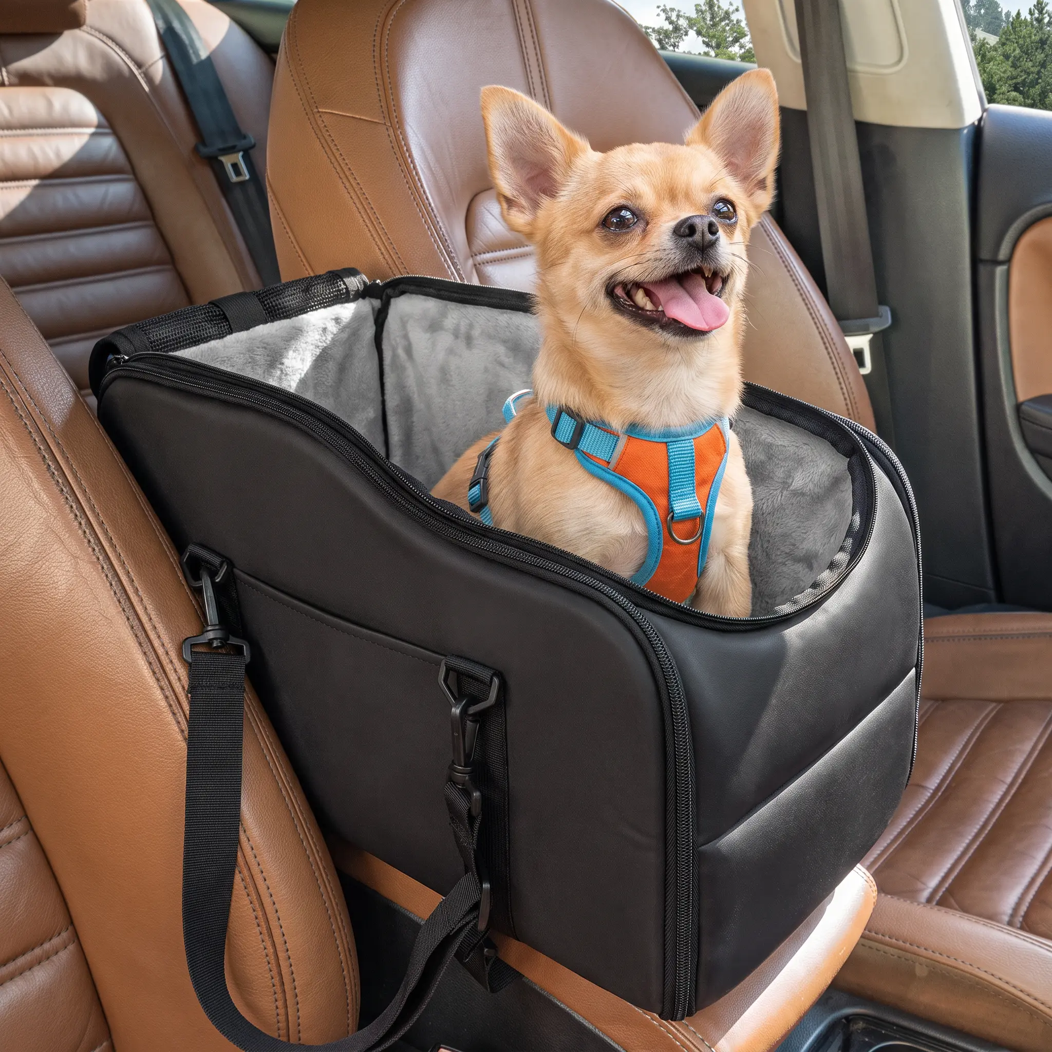 Center Console Dog Car Seat, Portable Pet Car Seat for Small Dogs Under 12 lbs, Anti-Fouling Surface & Comfort Sponge, Adjustable Straps & Safety Leash, Non-Slip Base, Easy to Clean, Perfect for Car/Truck/Home/Travel,Pet Adventure Gear