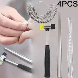 4Pcs Ring Sizer Mandrel Measuring Tool Steel Ring Sizing Gauge Sizers Set Rubber Jeweler's Mallet Hammer Metal Finger Size Stick Wire Wrap Rings Tools Jewelry Making Kit