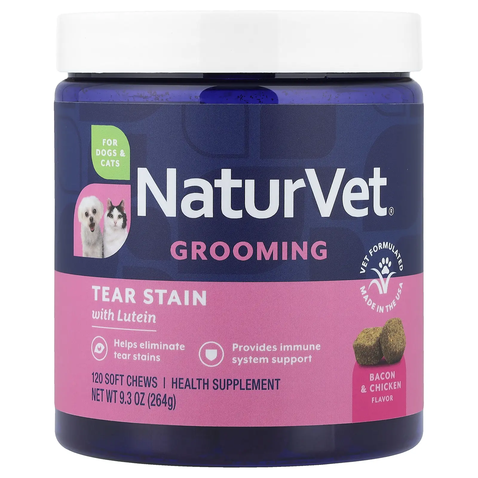 NaturVet Grooming, Tear Stain with Lutein, For Dogs & Cats, Bacon & Chicken, 120 Soft Chews, 9.3 oz (264 g)