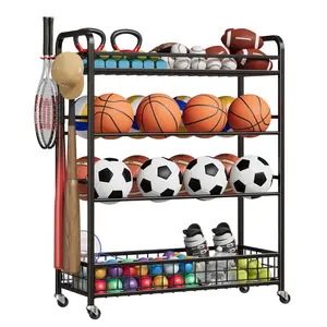 Ball Storage Rack, Rolling Ball Storage with Baseball Bat Holder and Hooks, Sports Equipment Storage with Wheels for Volleyball, Football and Basketball Accessories