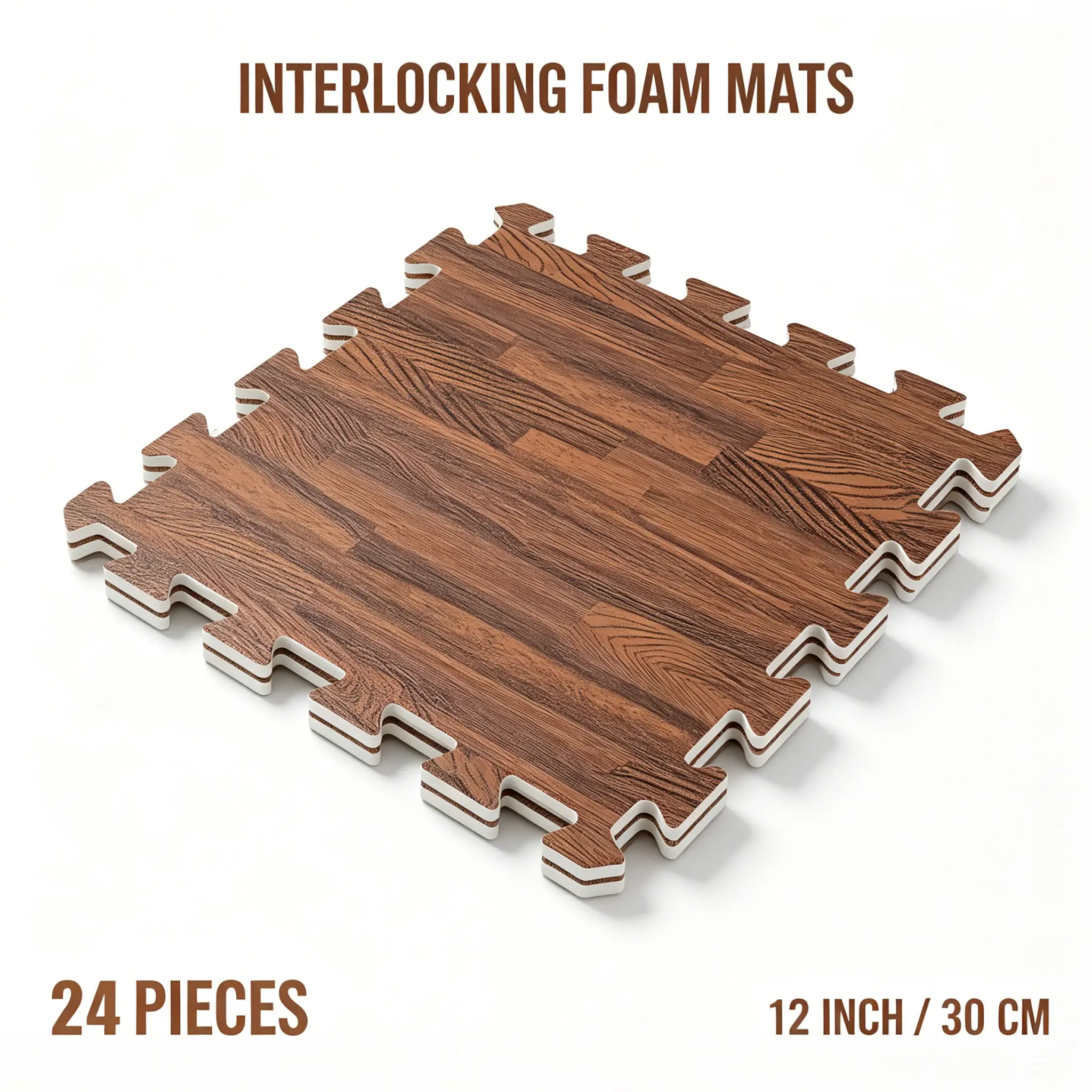 24-Piece Wood Grain EVA Foam Puzzle Floor Tiles, 0.4" Thick Interlock-Fit Cushioned Tiles, 12x12" Non-Slip Waterproof Workout Equipment for Yoga Gym, Garage
