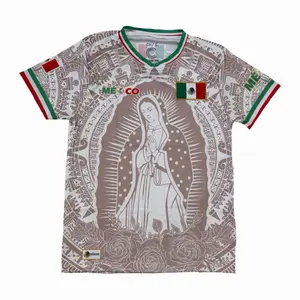 Mexico Virgencita Beige Unisex Jersey with Mexican Flag Accents & Guadalupe Graphic Short Sleeve for Casual Sports or Cultural Events
