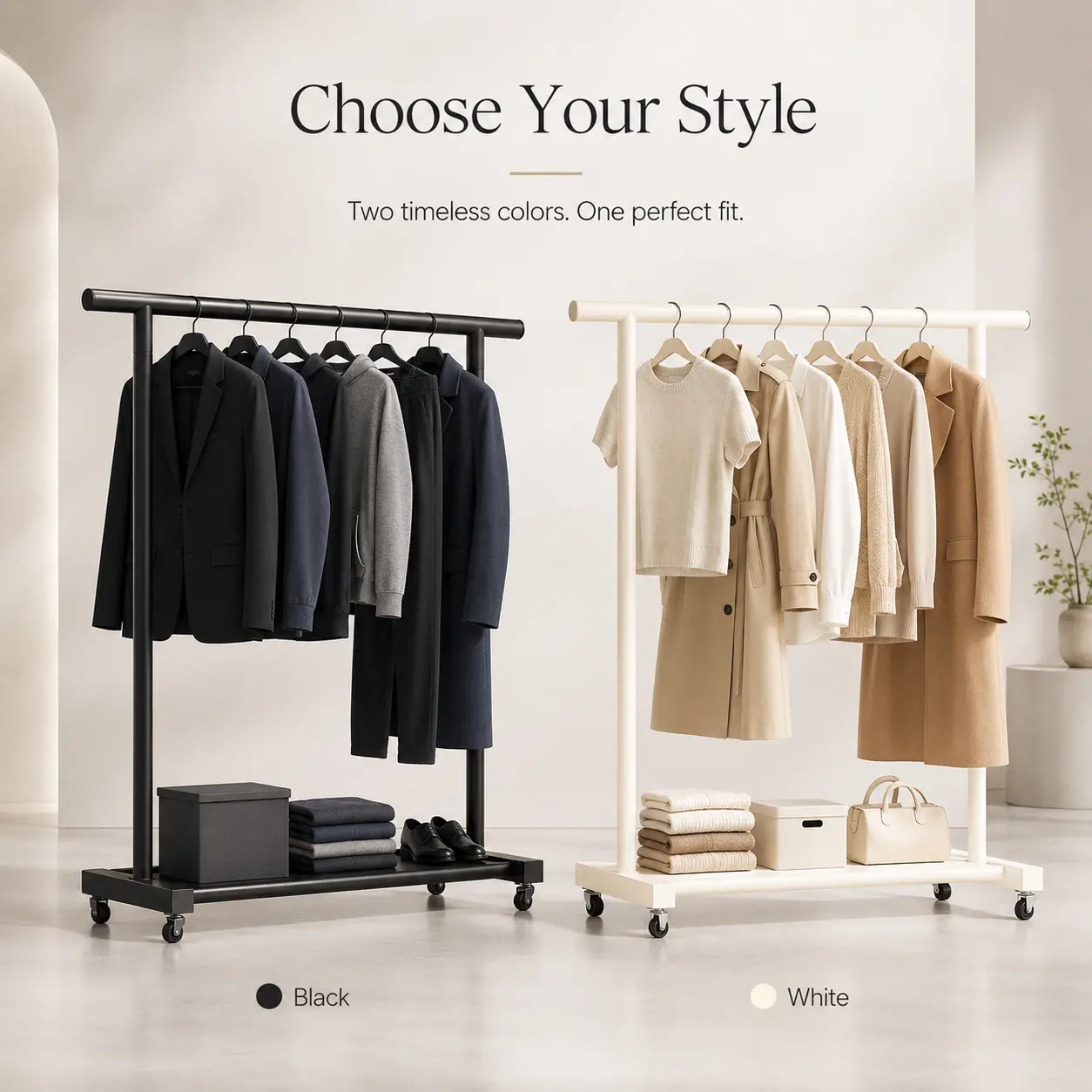 Dual-Tone Black-White Metal Rolling Clothes Rack - Freestanding Minimalist Modern Design Home Organizer with Bottom Storage Shelf, Portable Laundry Hanger for Bedrooms, Rental Units, Simple Design