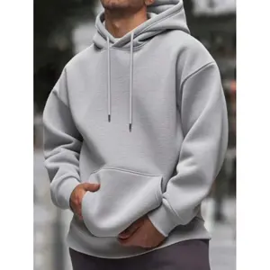Men's solid color drop shoulder long sleeve drawstring pocket casual hoodie, autumn and winter Fabric Menswear
