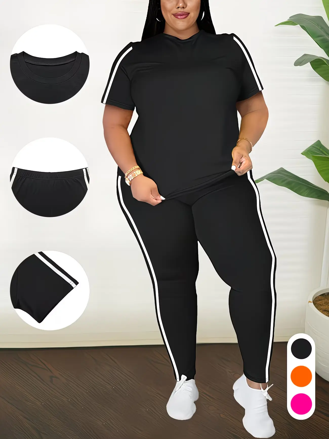 Women's Plus Size Matching Sweatsuit Set, 2-Piece Lightweight Athleisure Lounge Outfit with Short Sleeve Top & Slim-Fit Side-Stripe Leggings, Athleisure Tracksuit Sets, 2 Piece Sets, Plussize