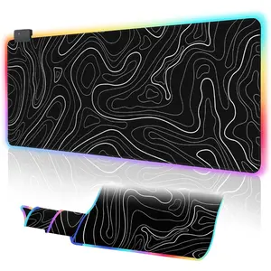 RGB Gaming Mouse Pad, Topographic Large, LED XL Keyboard For Mouse Pad, Desk Mat, 31.5 x 11.8 in, Black Minimalist Line Desk Pad