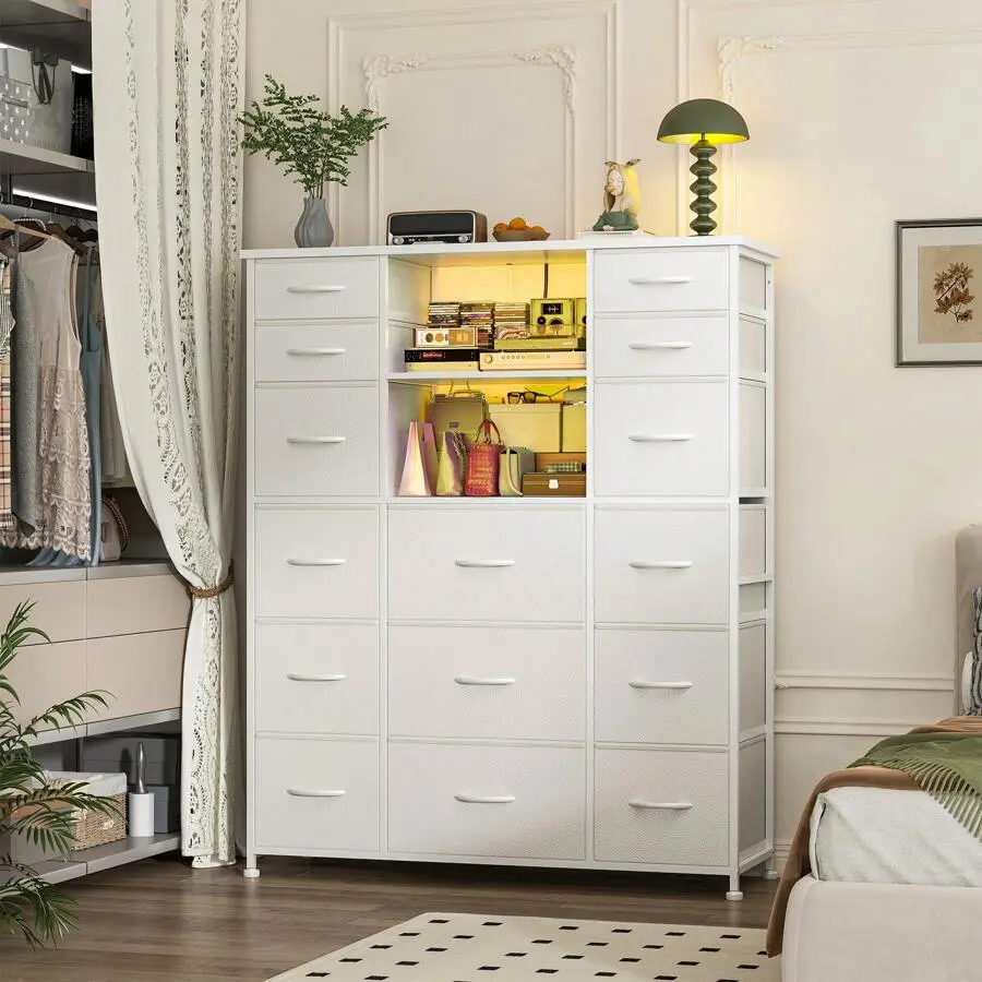 51"H Tall   15 Drawers,  For Bedroom  LED Lights & Hutch Sturdy Fabric Bedroom , Steel Frame, Wood Top, 51.2"H X 39.3"W X 11.8"D, Mother's Day Decor, Room Decor, Home Decor Dresser with mirror