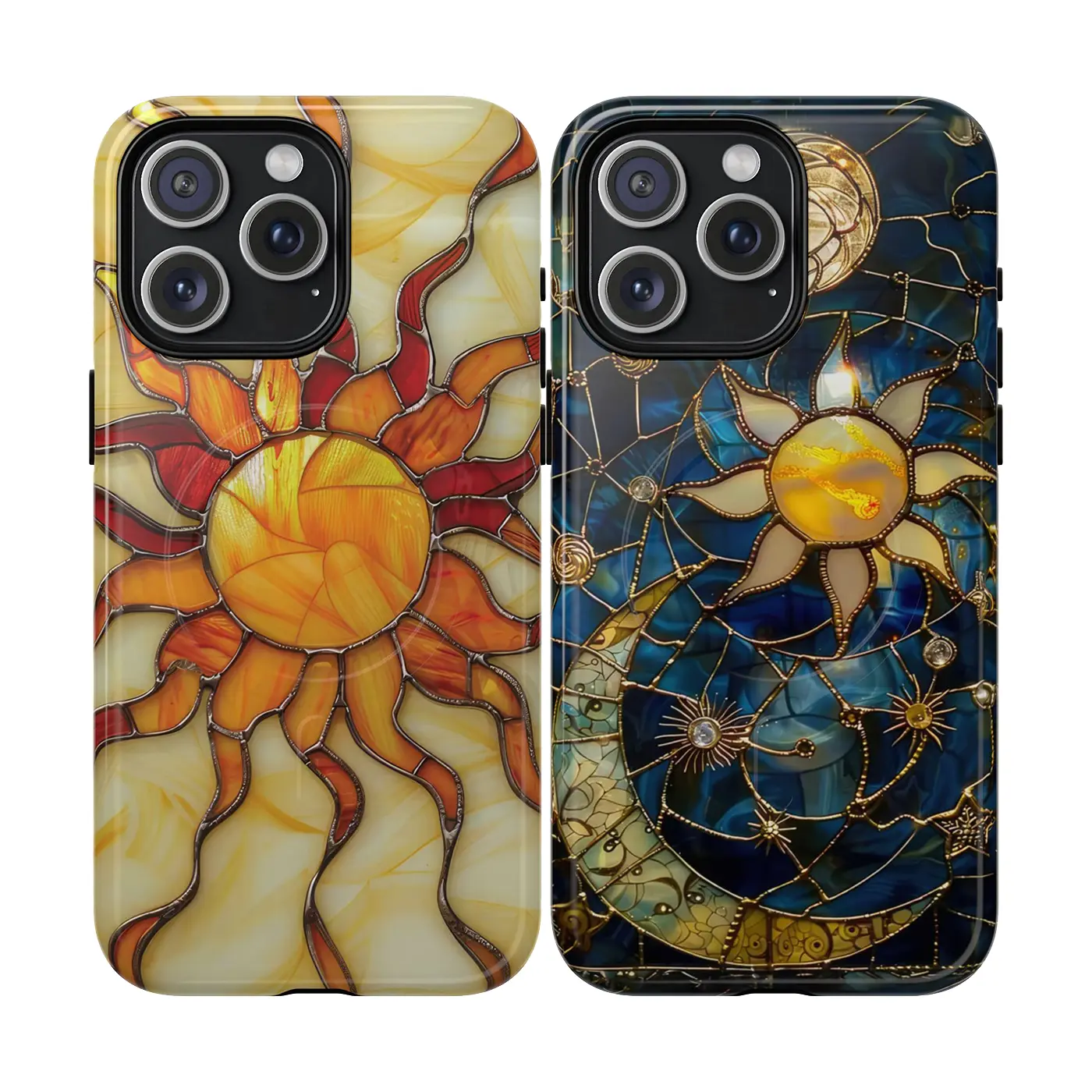 Yellow Gold Sun Stained Glass Printed Tough Phone Case Compatible with iphone 17 pro phone cases with Dual-Layer Defense and Wireless Charging Ready | Celestial Stars Print Fashion Trendy High Quality Design Accessories  Protective Rubber Cellphone Cover