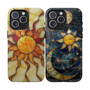 Yellow Gold Sun Stained Glass Printed Tough Phone Case Compatible with iPhone 16/15/14/13/12/11/X/Xs/Xr/8 with Dual-Layer Defense and Wireless Charging Ready|   Celestial Stars Print Fashion Trendy High Quality Design Accessories