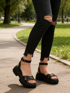 Women's PU Leather Roman Sandals, Comfortable Anti-Slip Thick Sole Chunky Block Heel Shoes, Casual Style Solid Pattern Footwear for Daily Wear