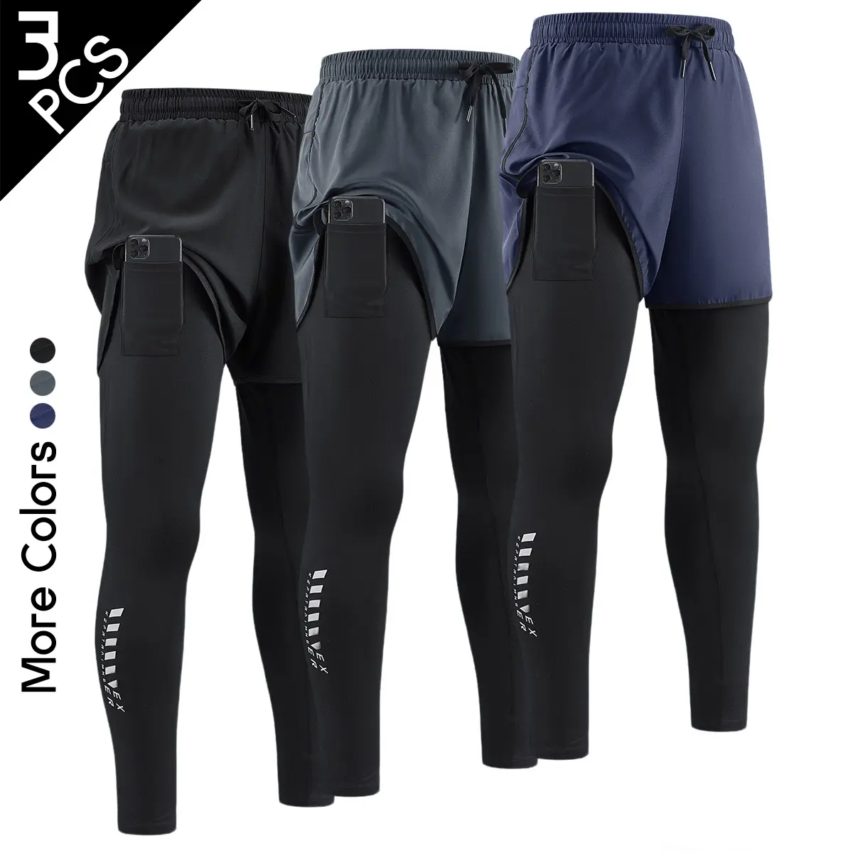 3pcs Men's 2-in-1 Sports Long Pants, Dual-Layer Breathable Fitness Training Leggings with Drawstring