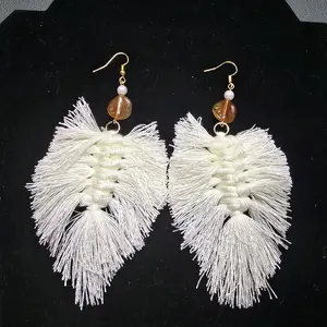 Feather Style Macrame Earrings with White Fringe and Bead Accents Gold Hooks