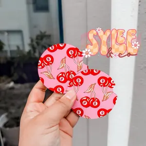 Red Cherry 8 Balls Car Coasters with Pink Background Set of 2 Durable MDF Material Protects Car Surfaces from Scratches and Spills Easy to Clean and Maintain
