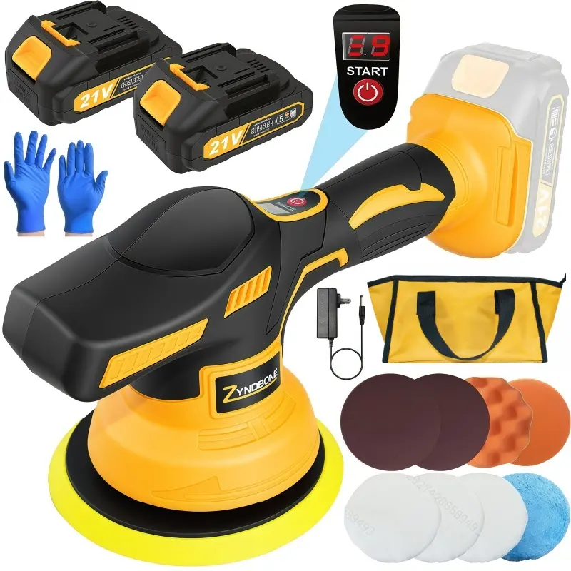 ZYNOBONE 21V Cordless Brushless Dual Action Car Buffer Polisher, 9-Speed 2500-7500 RPM, 6" Random Orbital with 8 Pads, 2 x 2.0Ah Batteries & LED Light, for Car Waxing Scratch Swirl Removal