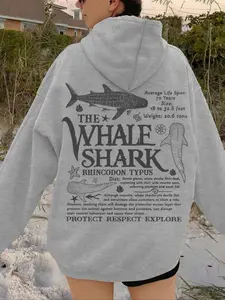 Holiday Style Whale Shark Letter Animal Print Knit Hoodie, Loose-Fit Fleece Lined Sweatshirt, Fall & Winter Casual Streetwear