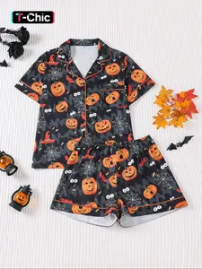 2 pieces of women's Halloween pumpkin lantern spider bat print short sleeved shorts, comfortable lapel pajama set, knitted top, pocket elastic waistband, suitable for all seasons casual classic home wear, Loungewear Nightwear