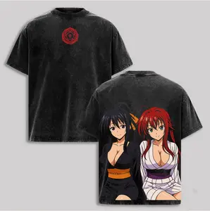 Rias Gremory & Akeno Himejima Oversized Anime Tee: High School DxD Graphic T-Shirt, Vintage Washed Cotton Manga Merch.