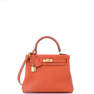 Pre-owned HERMÈS Leather Top Handle Bags Hermes Kelly Handbag Terre Battue Swift with Gold Hardware 25 by Rebag