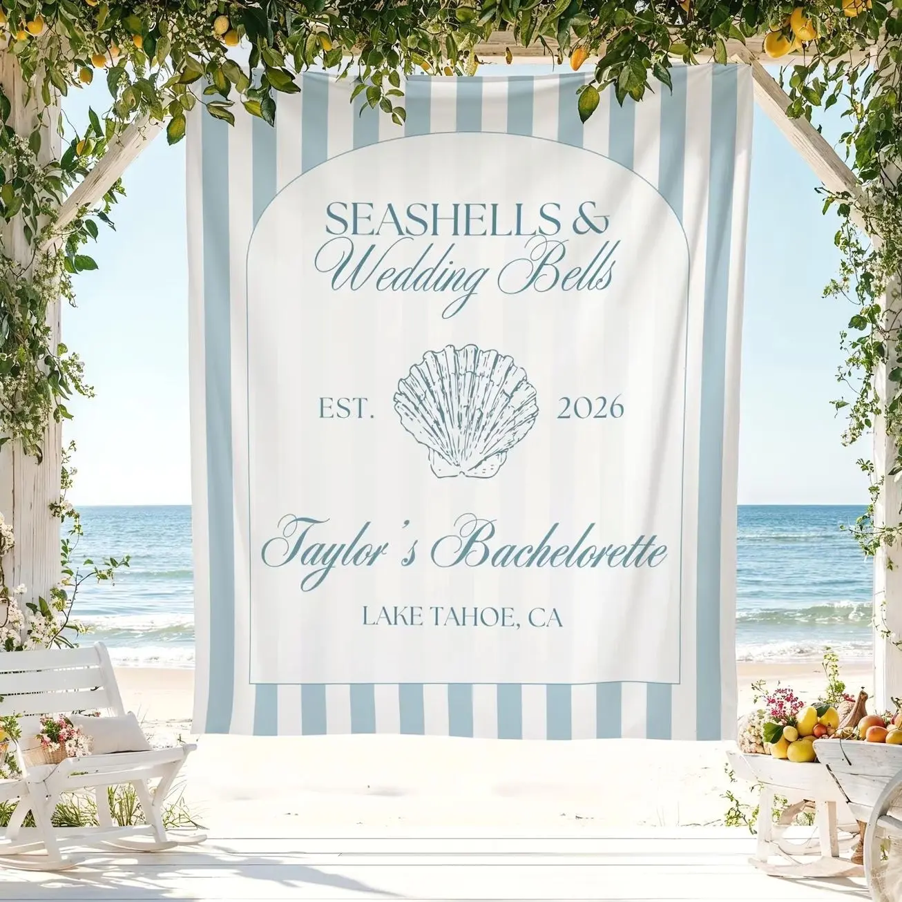 Seashells and Wedding Bells Bachelorette Wall Tapestry Banner Personalized Coast Backdrop Bridal Shower Custom Decor Keepsake Bach Hen Party