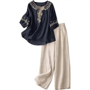 Women’s Two-Piece Loungewear Set – Summer/Fall 2025, 3/4 Sleeved Embroidered Top and Capri Pants, Cotton-Linen Matching Set