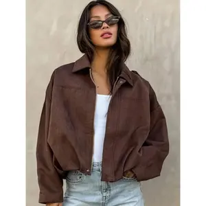 Women’s faux fur bomber jacket, mid-season, street style, long sleeves, oversized, available in black, brown, green, and red, fashionable zip-up short jacket GARMENTARY