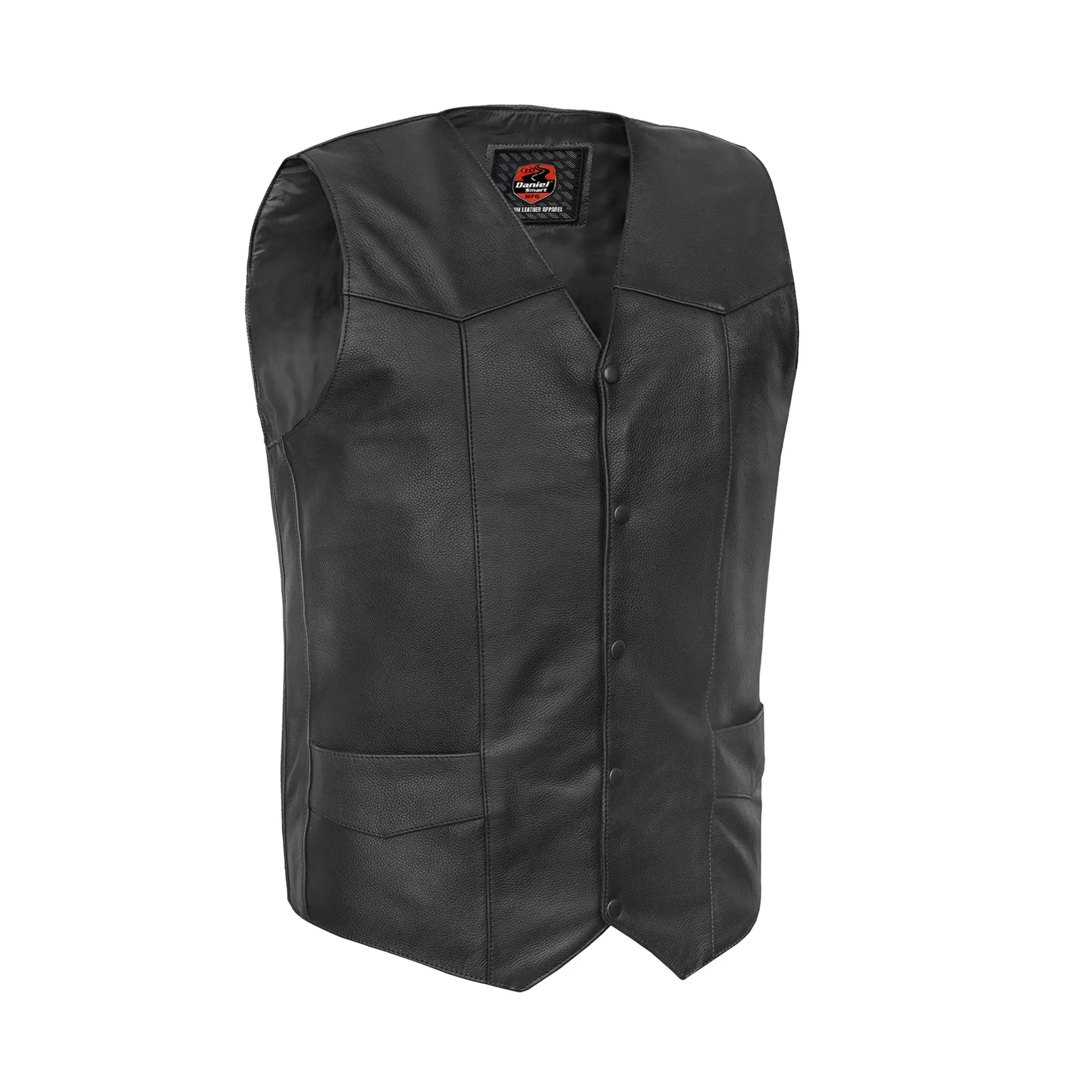 DANIEL SMART Outlaw Adult Open Front Protective Cowhide Motorcycle Vest - 1.2-1.3mm Diamond Soft Milled Cowhide, V-neck, Plain Sides, Longer Body, 5 Black Snaps, Inner Satin Lining, Heavy-duty Thread, Reinforcement Stitching, 2 Inside Pockets, Protective