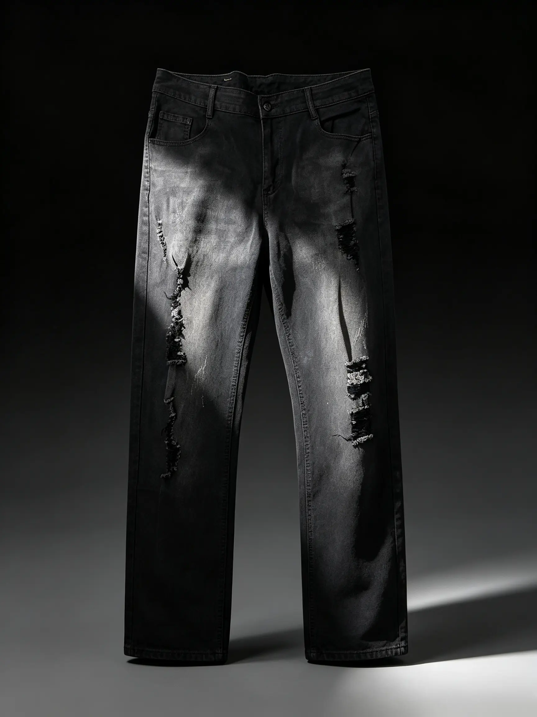 Men's Ripped Black Stretch Denim Jeans - Menswear Streetwear Vintage Style, Distressed Design, Slim Fit with Zipper