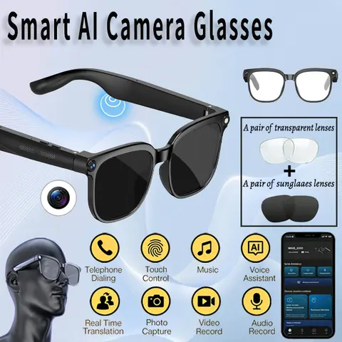 Rectangular Frame Wearable Smart Recording Glasses with 8MP Cam, 160-Language Support, Directional Sound, AIAssistant, Touch Control, Button Adjustment, Hands-Free Photography, Bluetooth Wireless Video, Ideal for Travel & Outdoor Adventures, Gift Option,,