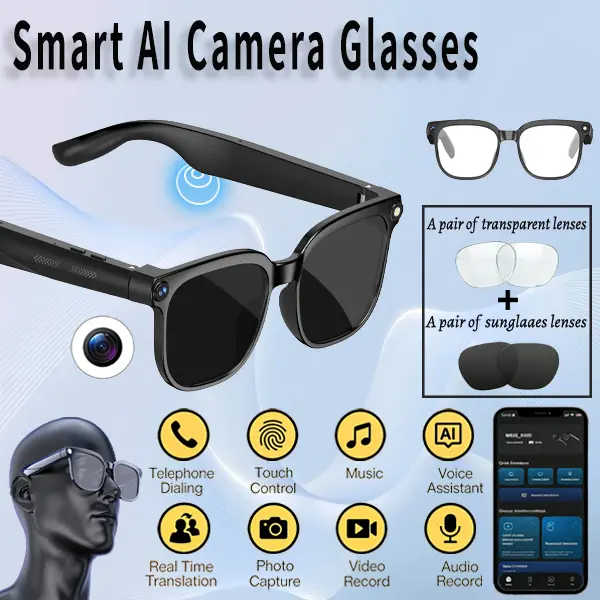 Rectangular Frame Wearable Smart Recording Glasses with 8MP Cam, 160-Language Support, Directional Sound, AIAssistant, Touch Control, Button Adjustment, Hands-Free Photography, Bluetooth Wireless Video, Ideal for Travel & Outdoor Adventures, Gift Option