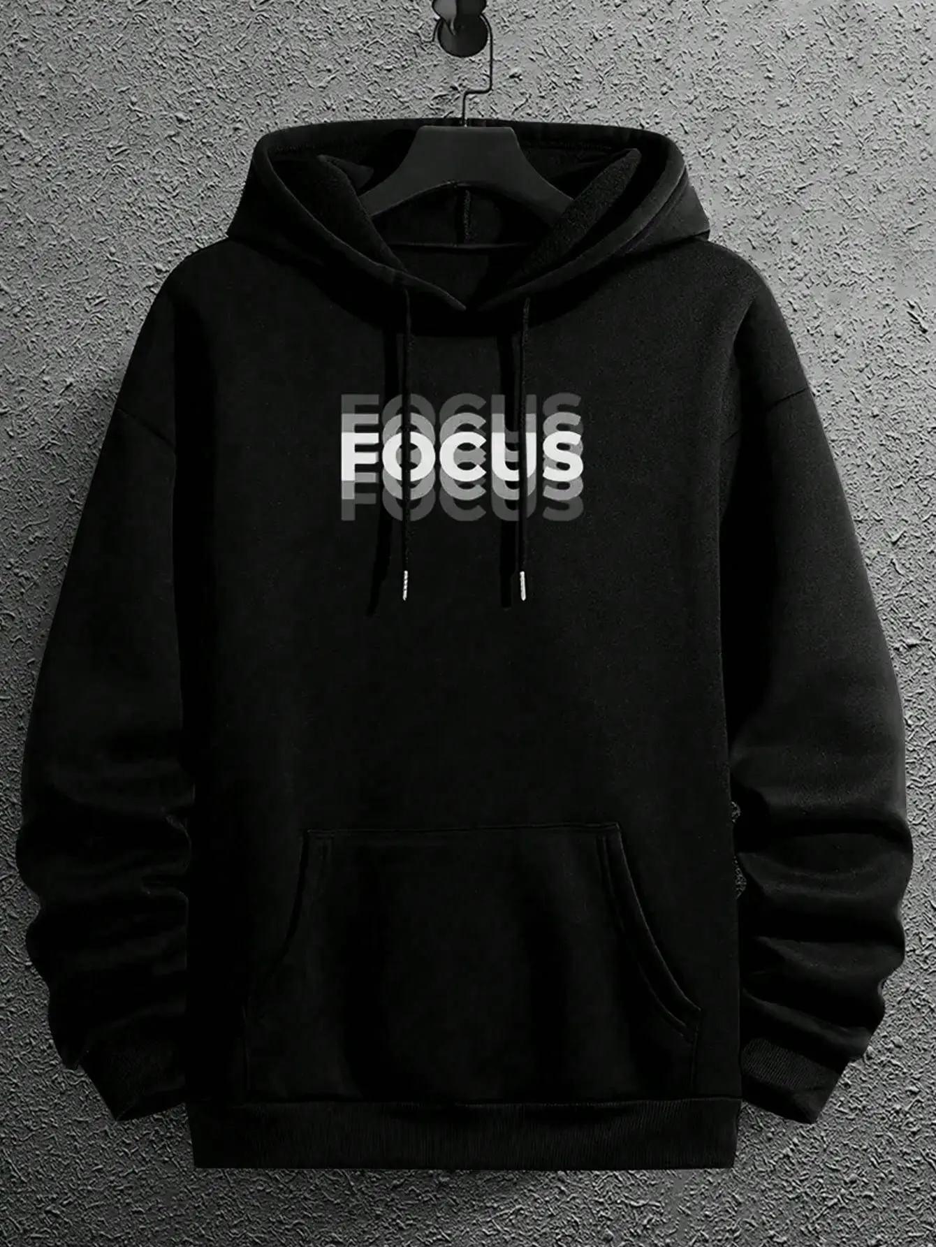 Focus Blur Stacked Gradient Text Hoodie, 270G Brushed Fleece Minimal Shadow Typography Black Hooded Sweatshirt, Motivational Modern Urban Streetwear Pullover For Men & Women