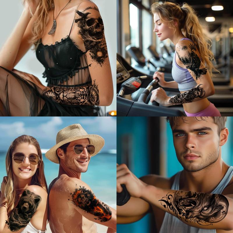 GLARYYEARS 24-Pack Half Sleeve Temporary Tattoos for Adults - Realistic 3D Halloween Cosplay, Lion, Eagle, Skull, Jesus & Greek God Gothic Designs | Waterproof Forearm Body Stickers for Men & Women
