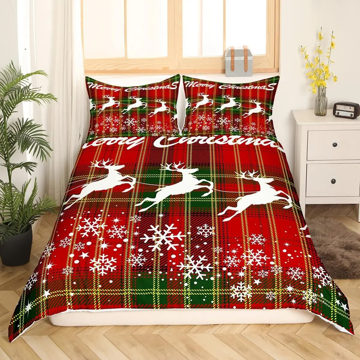 Feelyou 3-Piece Christmas Duvet Cover Set - Polyester Fiber Kids' Bedding with Vivid White Deer, Snowflake & Red Plaid Prints, Multi-Size Quilt Cover (No Comforter), Three Pieces