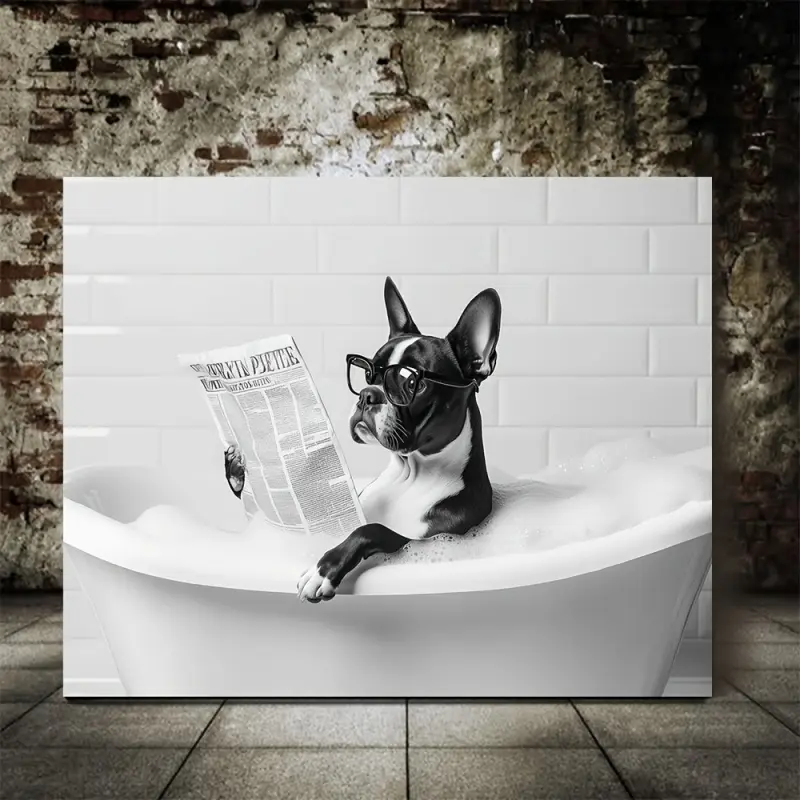 Humorous Boston Terrier Bubble Bath Reading Newspaper Frame Painting - 11.8x 15.7inch Black and White Dog Decoration, Suitable for Bathroom, Living Room, Office - Ready to Hang Fun Dog Lover Gift, Dog Pattern Wall Decoration, Playful Home Decor, High-Qual