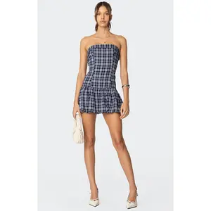 Edikted Women's Plaid Strapless Bubble Mini Dress