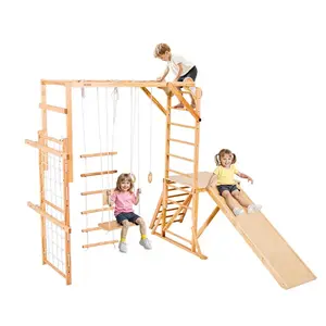 Indoor Playground Jungle Gym, 8-in-1 Wooden Indoor Playground for Kids, 220LBS Montessori Climbing Toys Playset with Slide, Swing, Monkey Bar, Gym Rings, Wooden / Rope Ladder, Climbing Net & Bar