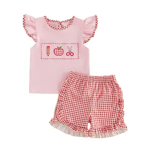 Toddler Baby Little Girl Back to School Outfit Pencil Scissors Embroidery Flying Sleeve Tops with Plaid Shorts Set 1-6 Years