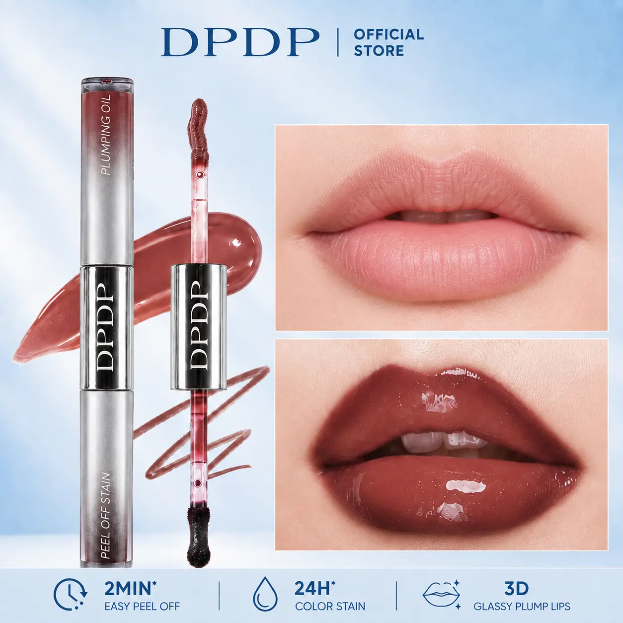 DPDP Peel-Off Lip Liner Stain & Plumping Lip Oil Duo, 2-in-1 Long-Lasting Transfer-Resistant Stain with Hydrating High-Shine Lip Gloss