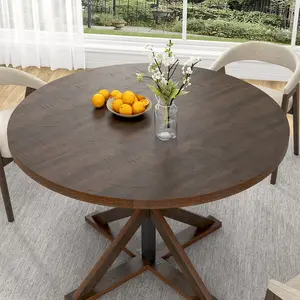 47" Round Dining Table for 4 Farmhouse Wooden Kitchen & Dining Room Table with Sturdy Metal Base and Rich Brown Finish for Family Gatherings and Casual Brunches