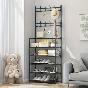 Multi-Functional 5-Tier Shoe & Coat Rack, Free Standing Metal Storage Organizer with Detachable Hooks, 60cm Wide for Entryway, Black