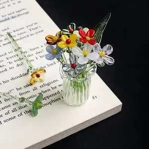 5pcs Mini Glass Flower Bouquet Set, Handmade Colorful Blown Glass Flowers with Vase, Artificial Daisy Stems, DIY Craft Supplies