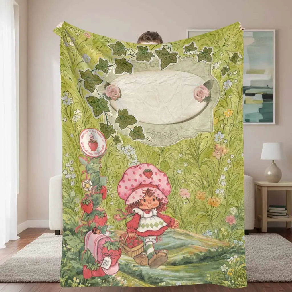 Vintage Strawberry Garden Flannel Blanket with Berry Vine Floral Cottagecore Print Soft Cozy Lightweight Plush Throw for Sofa Bed Picnic Reading Travel Gift