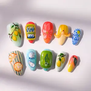 Mediterranean Lemon Press On Nails, 3D Fruit & Coastal Summer Nails, Italian Vacation Handmade Reusable False Nails